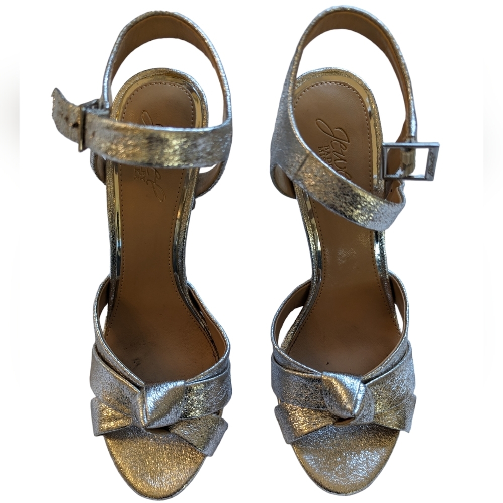 Jewel Badgley Mischka Textured Leather Metallic Silver Knotted High Heel Sandal - Picture 9 of 9